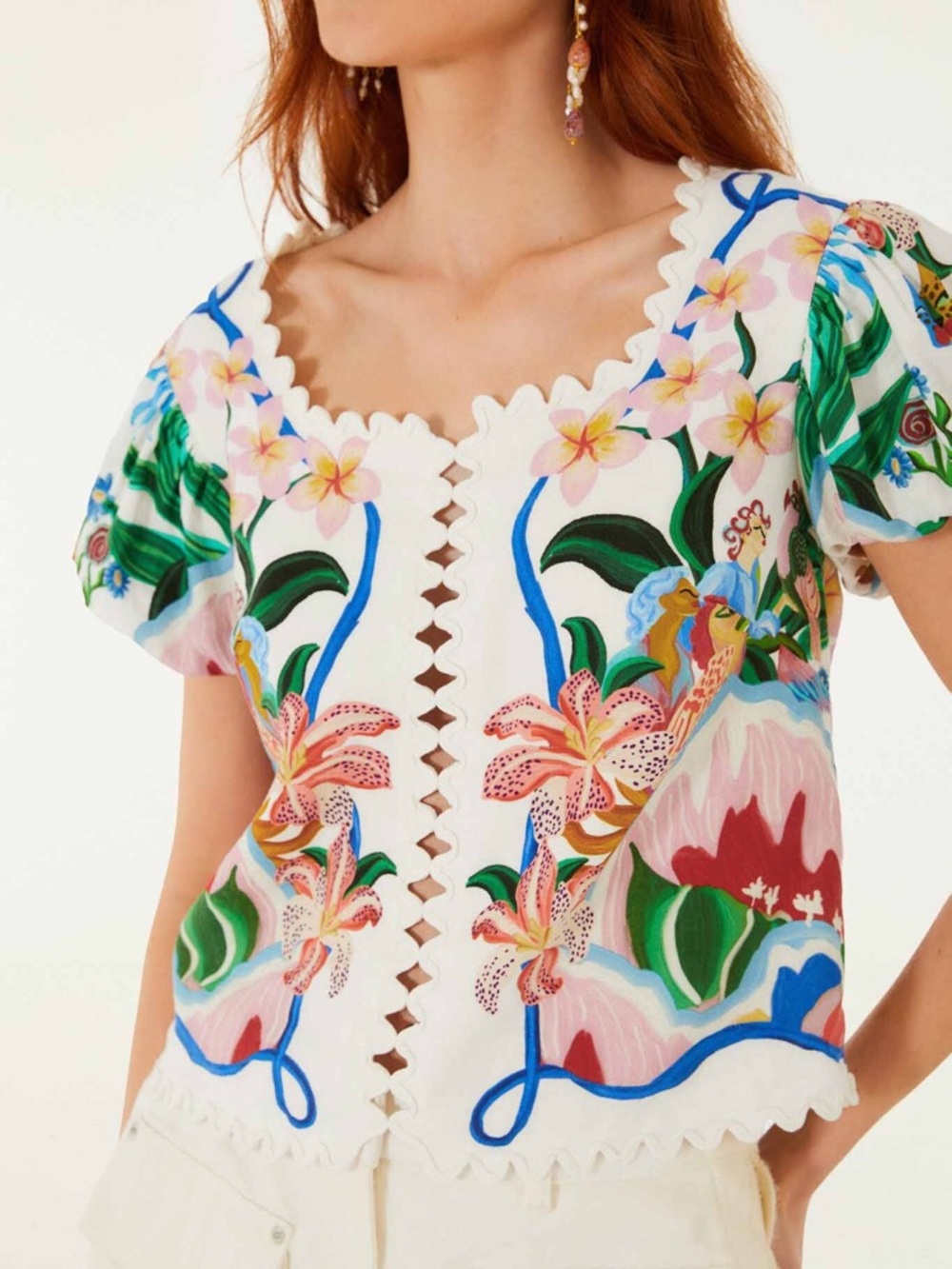 FARM Rio Floral Scalloped-Trim Puff Sleeve Top - Cream Multi